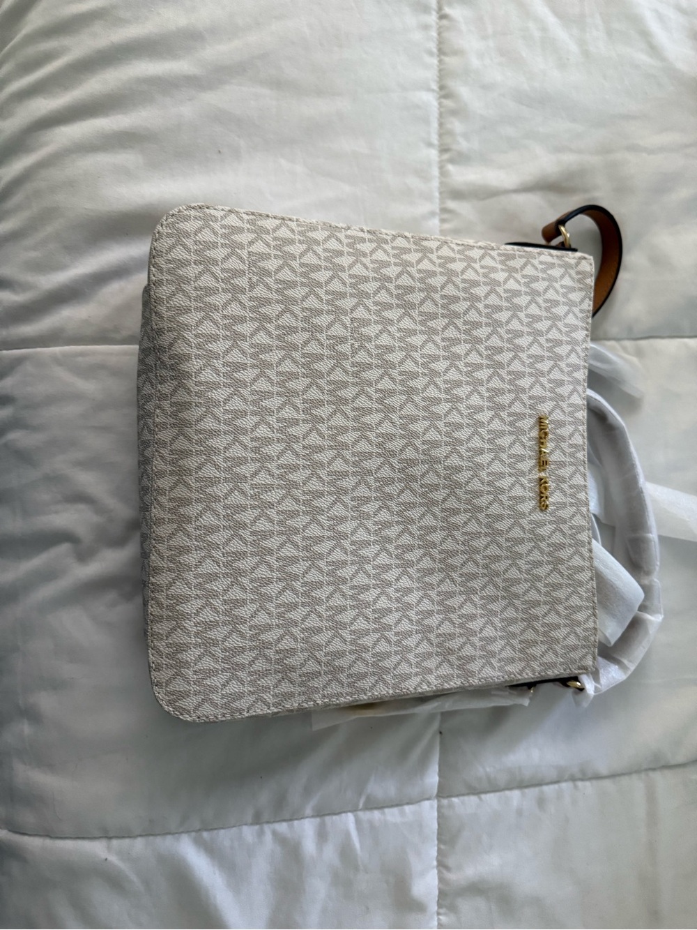Michael Kors Beige Logo-Print Messenger Bag with Gold Hardware